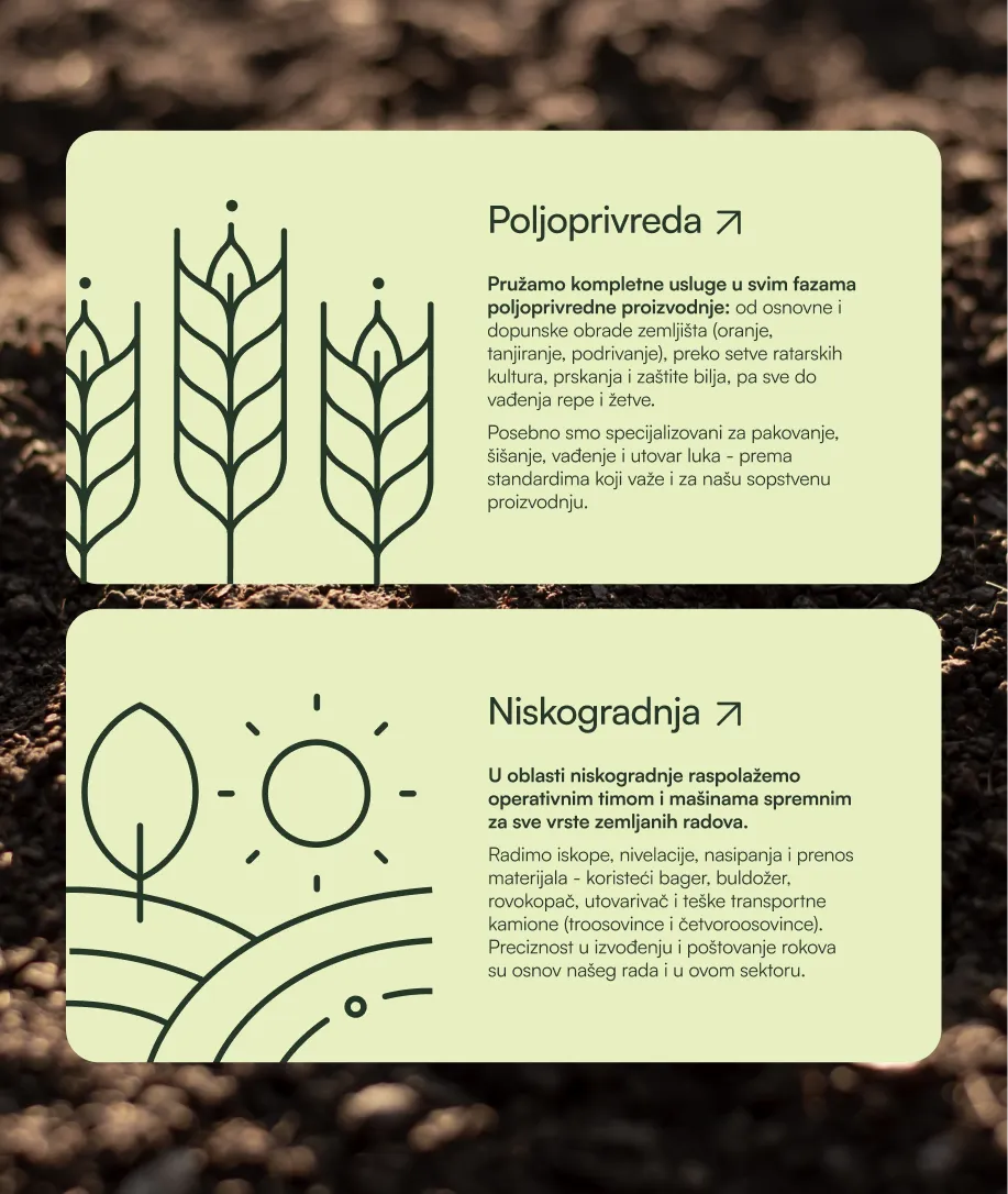 Two sections describing services: agriculture with wheat icons and construction with sun and tree icons, on a green background over soil.