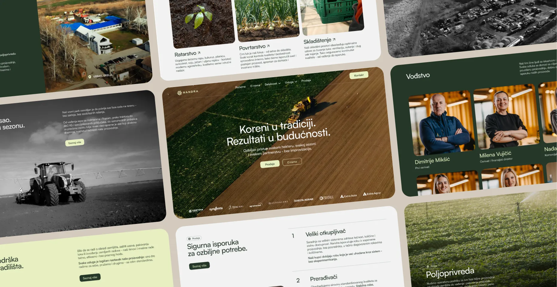 Collage of agricultural website sections showing farming equipment, crop images, team portraits, and Serbian text about production and sales.