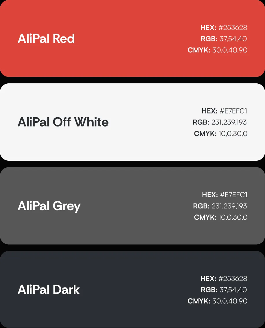Color palette featuring AliPal Red, AliPal Off White, AliPal Grey, and AliPal Dark with their HEX, RGB, and CMYK values.