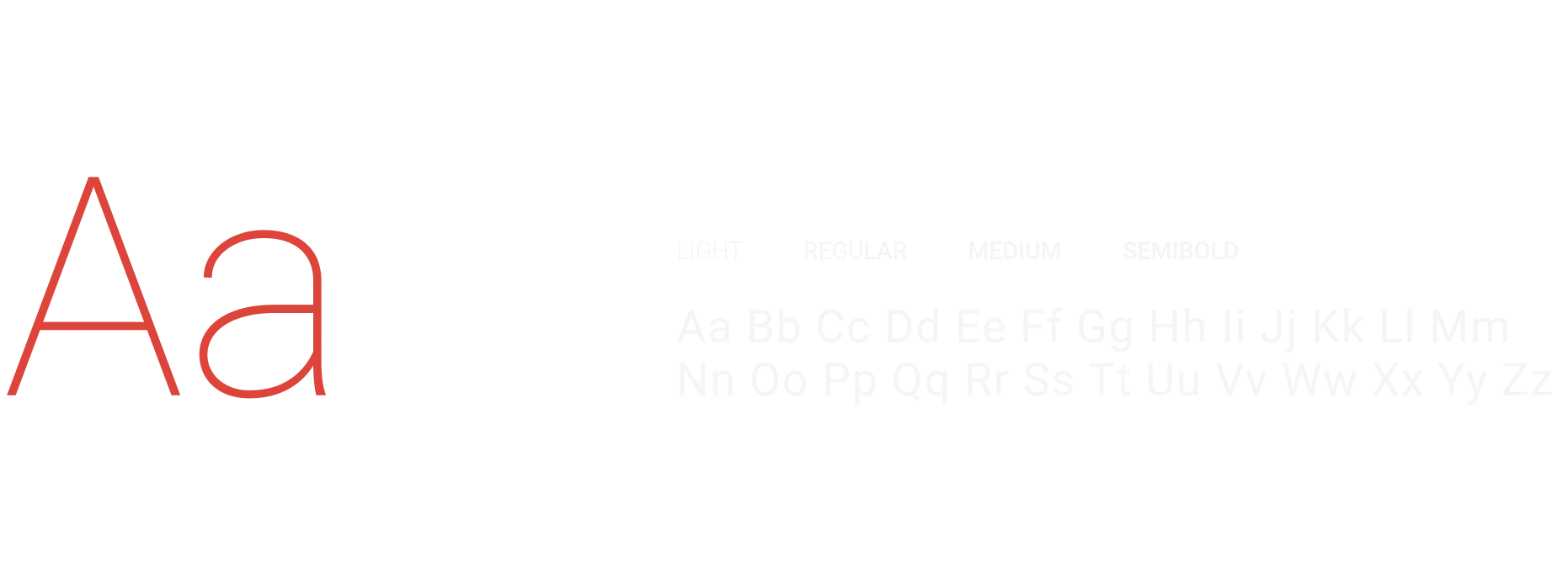 Typography sample showing uppercase and lowercase letter A, font sizes 14pt and 18pt, and alphabet letters in a sans-serif typeface on black background.