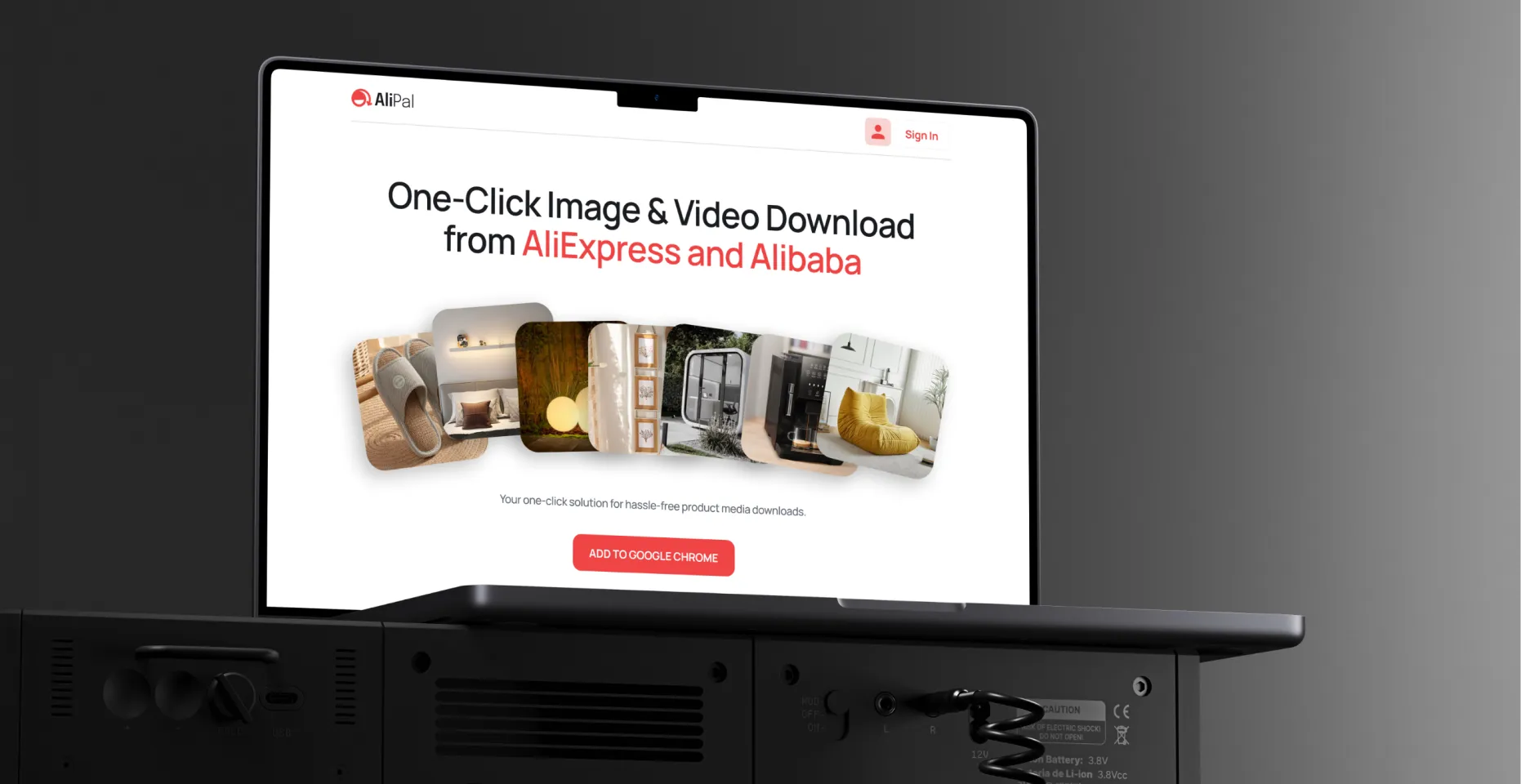 Laptop screen showing AliPal extension offering one-click image and video download from AliExpress and Alibaba with product thumbnails and a red button to add to Google Chrome.
