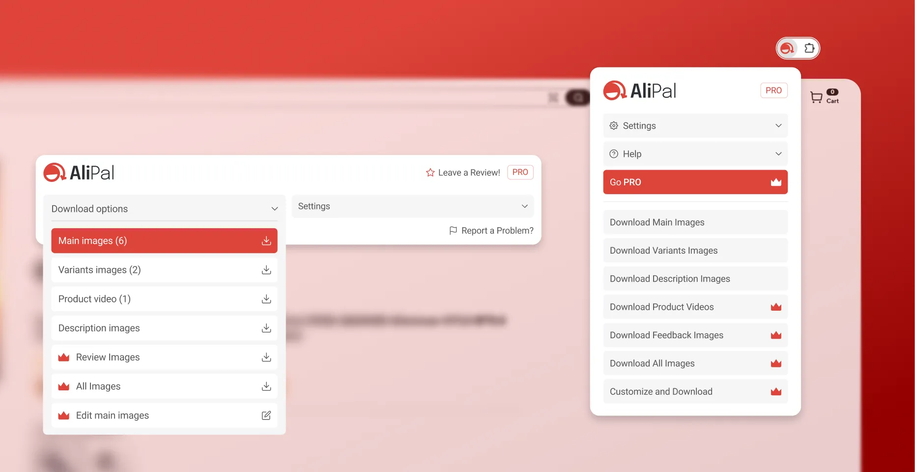 Screenshot of AliPal interface with download options for images and videos, showing sections for main images, variant images, product videos, description images, and PRO features.
