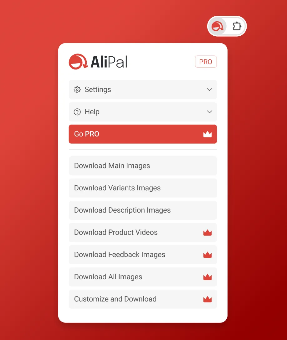 AliPal interface showing options to download main images, variant images, descriptions, product videos, feedback images, all images, and customize downloads with PRO features.