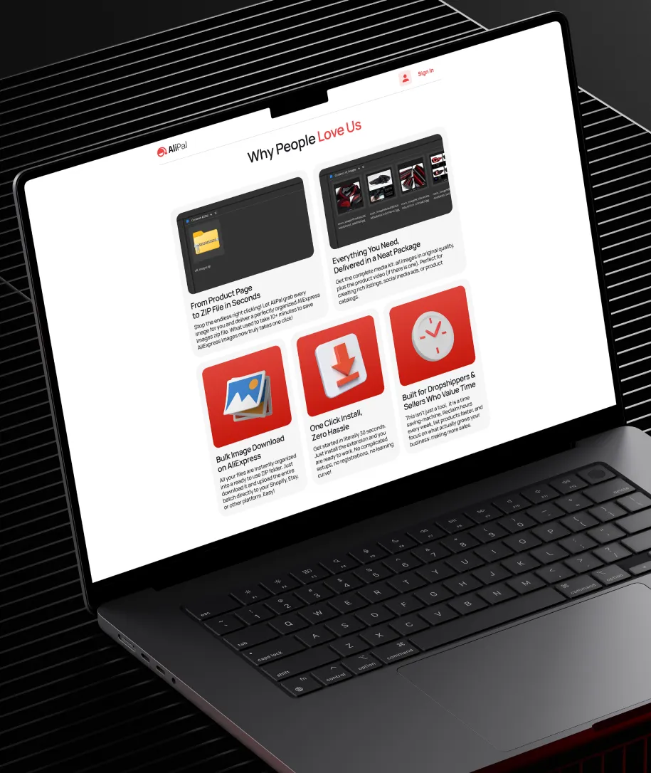Laptop screen displaying AliPal website section titled 'Why People Love Us' with features about quick ZIP file creation, bulk image download, one-click install, and time-saving for dropshippers.