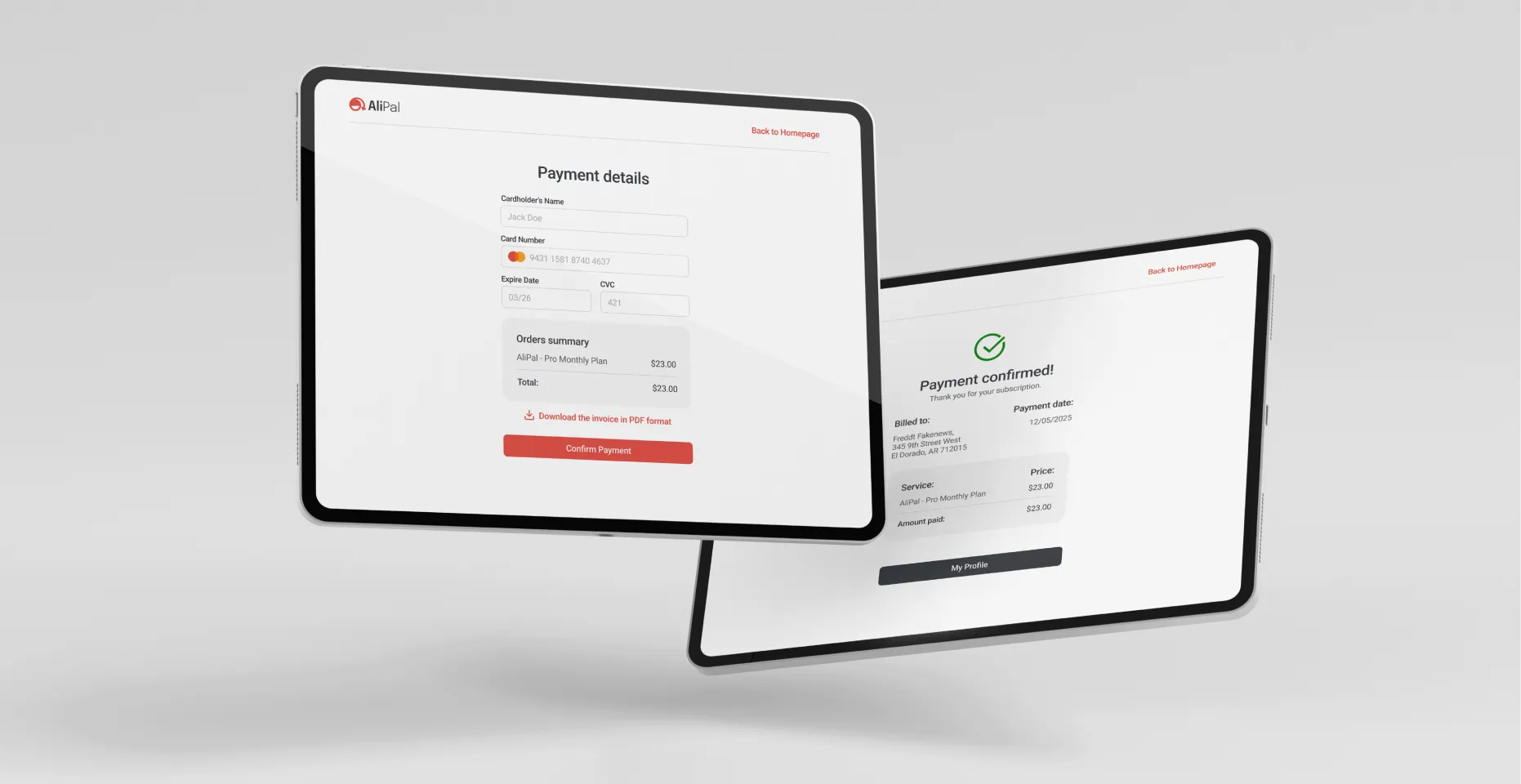 Two tablet screens showing AliPal payment details form and payment confirmation page with subscription summary.