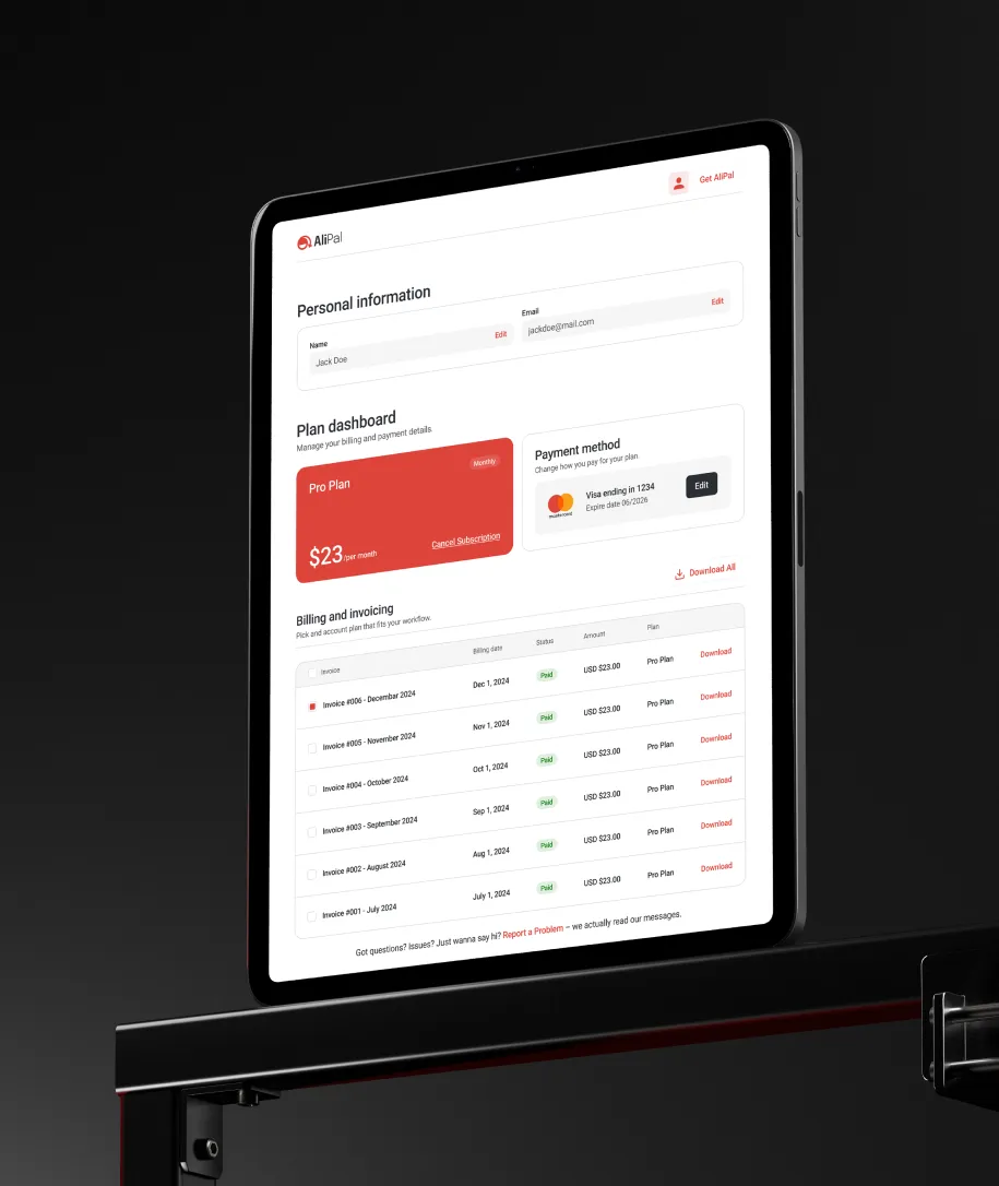 Tablet displaying AliPal user dashboard with personal info, Pro Plan subscription at $23/month, Visa payment method, and invoice history.