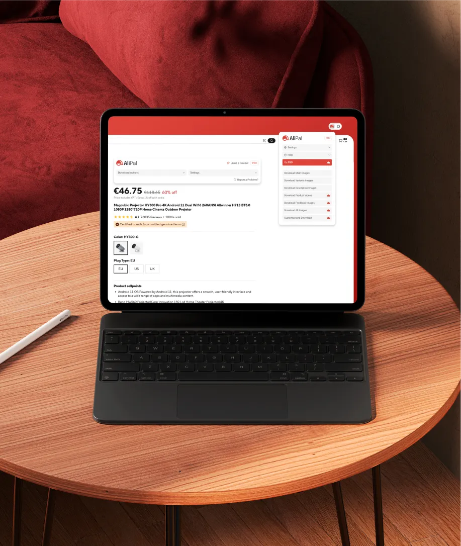 Tablet with keyboard and stylus on round wooden table displaying AliPal website product page for a projector with pricing and download options.