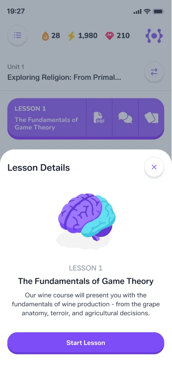 Smiling elderly man in overalls inspecting a plant leaf in a green field under blue sky.