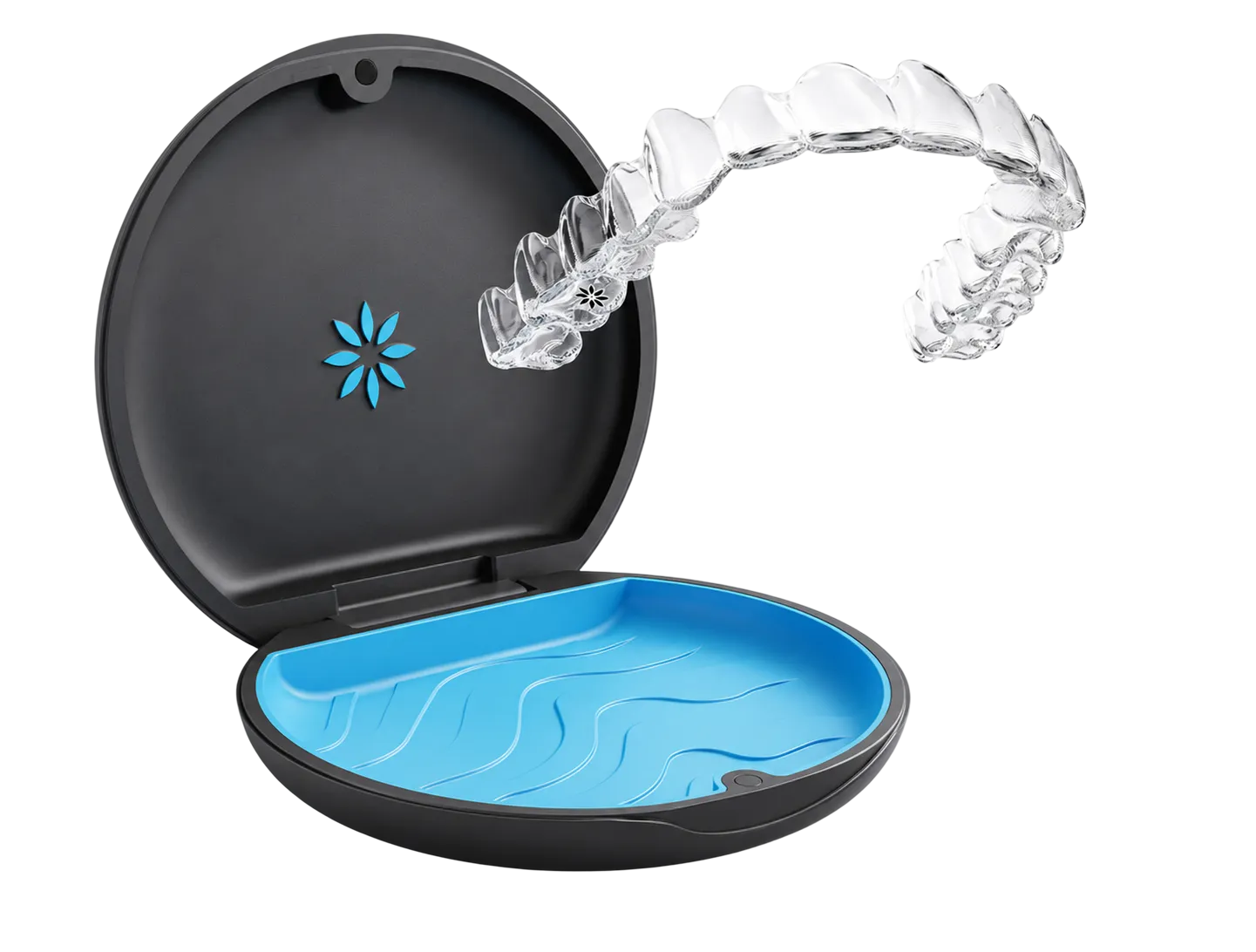 Clear aligners displayed in an open blue case