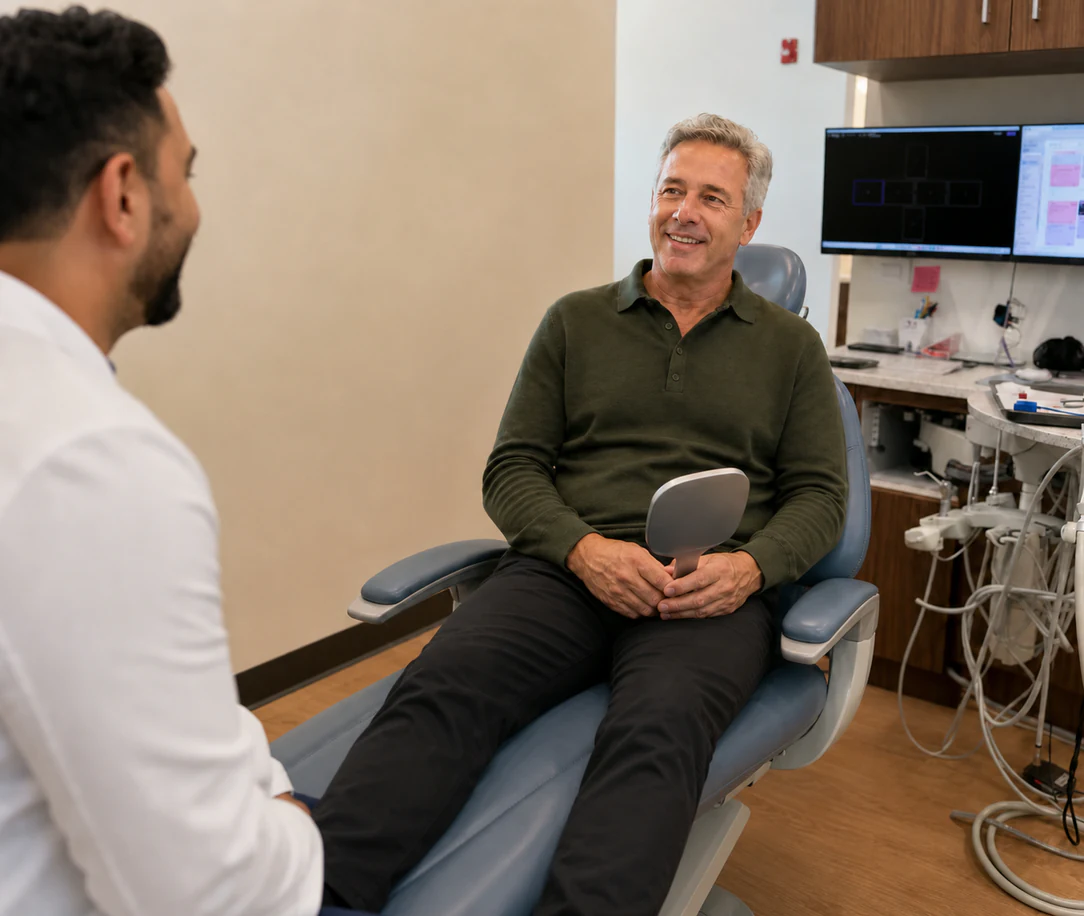 Dr. Sajan Parag discussing restorative dental treatment with a patient at Rinse Dental