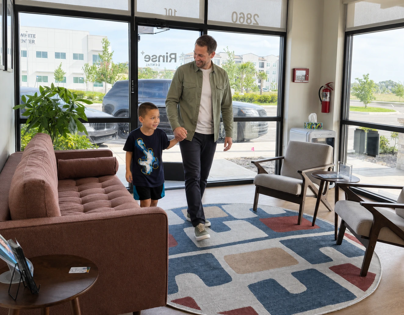Parent and child arriving at the Rinse Dental lobby