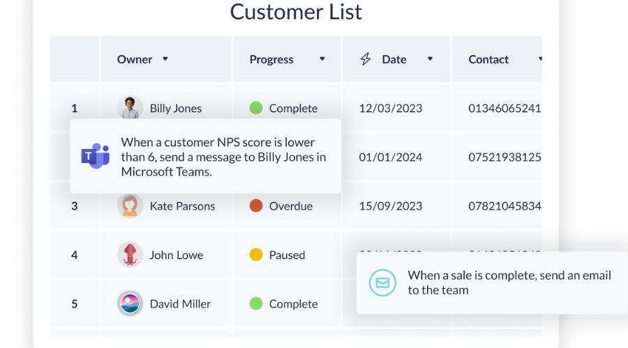 Configur's widget for Customer List - When a customer NPS score is lower than 6, send a message.