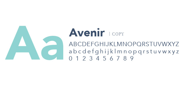 Avenir font type specimen showing uppercase, lowercase letters, and numbers.