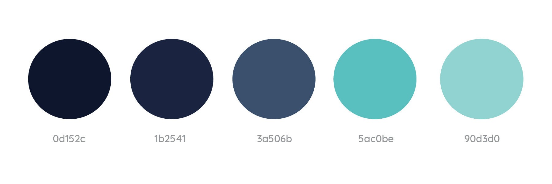 Five color circles in a row from dark navy blue to lighter blue and teal shades with corresponding hex codes below each circle.