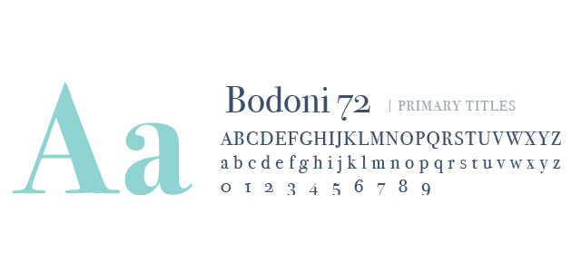 Typography sample of Bodoni 72 font showing uppercase and lowercase letters and numbers labeled as Primary Titles.