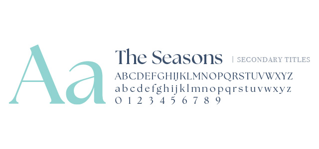 Typography sample showing a large teal capital and lowercase A, with the font named The Seasons in dark blue, featuring uppercase, lowercase letters and numbers, labeled as Secondary Titles.