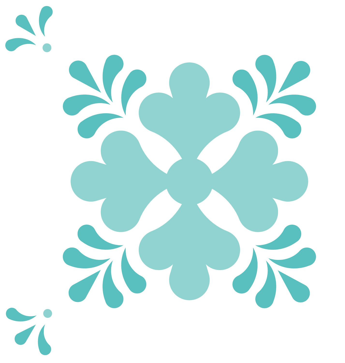 Symmetrical aqua blue floral motif with heart-shaped petals and teardrop accents on a white background.