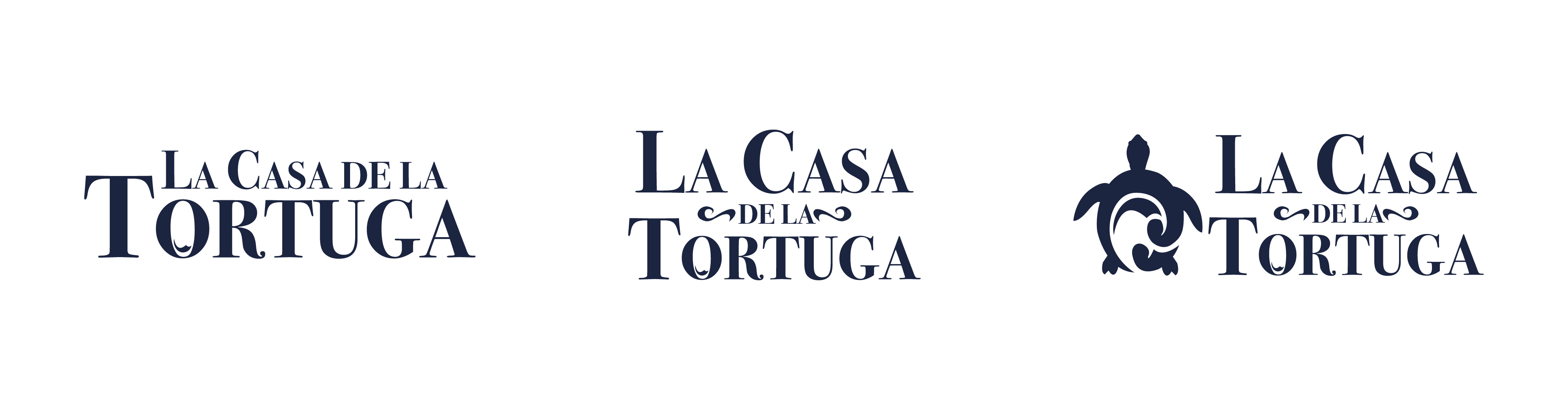 Three variations of 'La Casa de la Tortuga' logo in dark blue, one with a stylized turtle graphic.