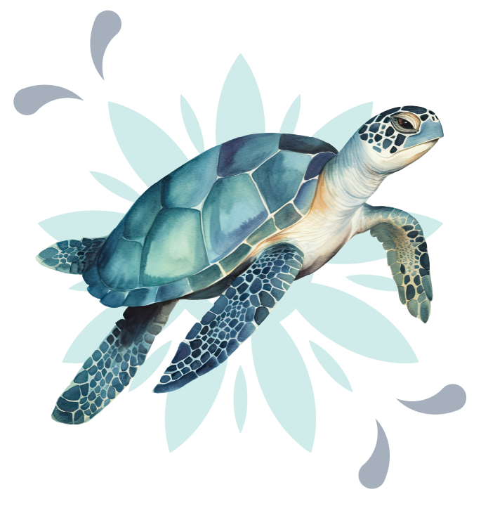 Watercolor-style sea turtle swimming with blue abstract floral and water splash shapes in the background.