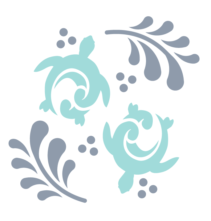 Two stylized turquoise sea turtles with swirling patterns surrounded by gray decorative splashes and dots on a white background.