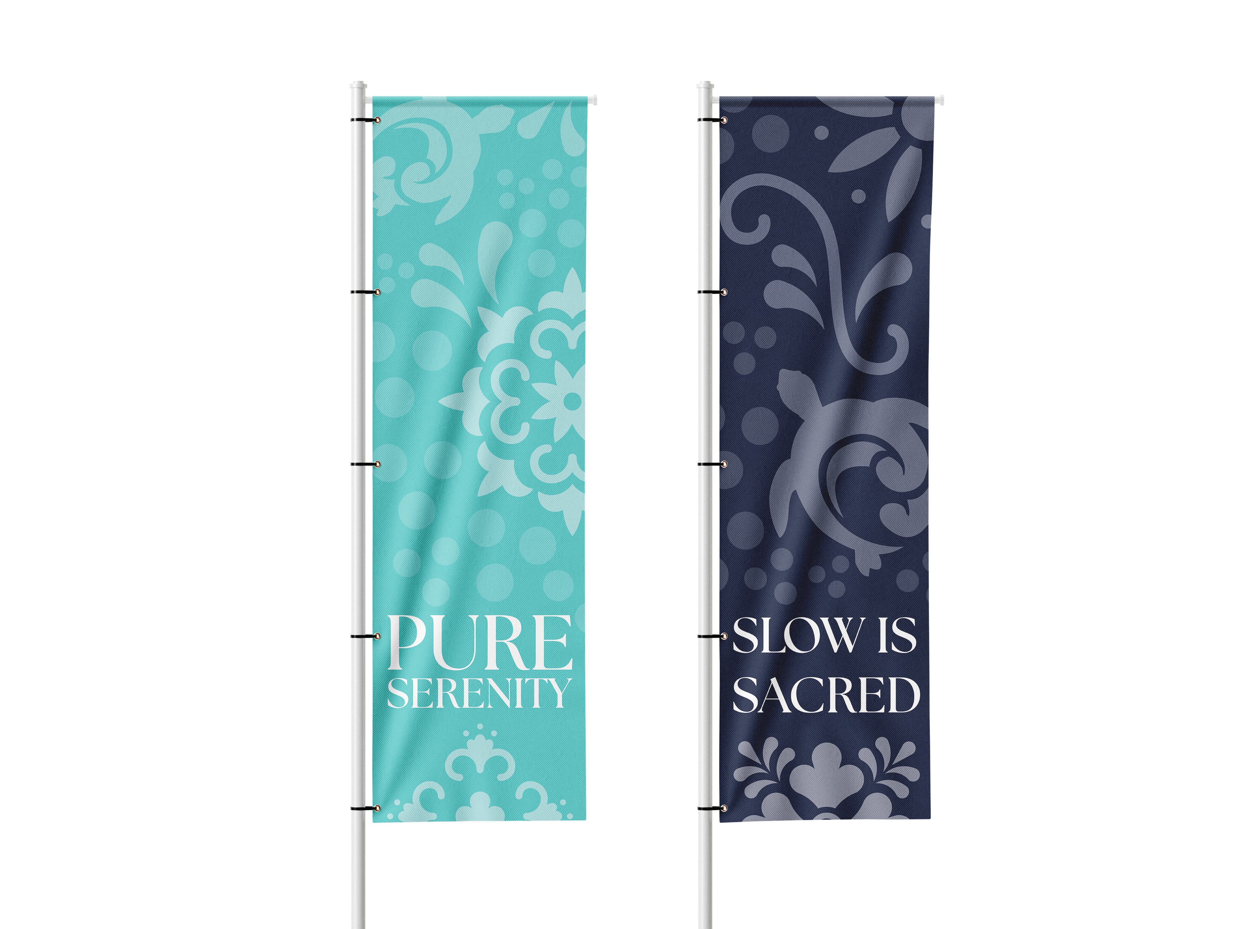 Two vertical flags with decorative patterns, one turquoise with the text 'PURE SERENITY' and the other navy blue with the text 'SLOW IS SACRED'.