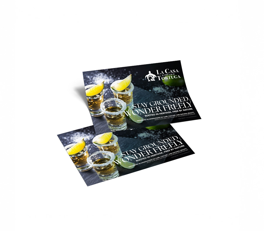 Two La Casa de la Tortuga promotional cards featuring three tequila shots with lemon wedges and salt.