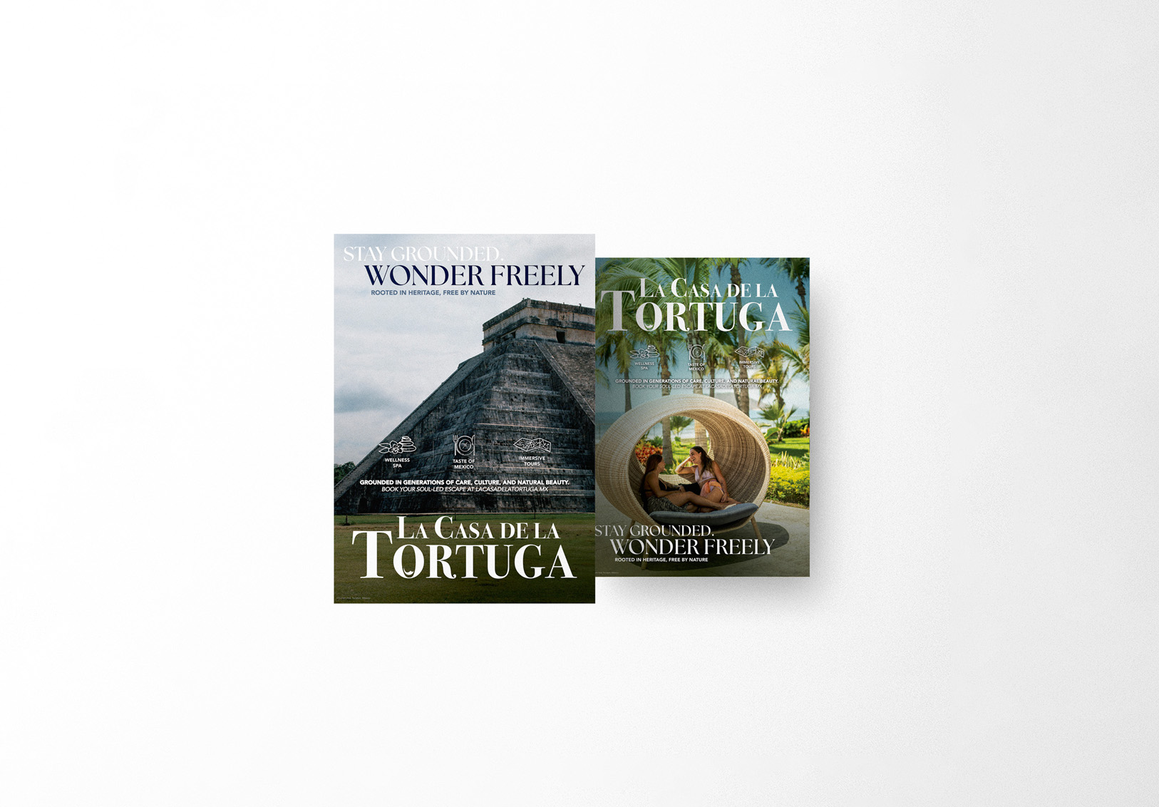 Two flyers for La Casa de la Tortuga featuring a Mayan pyramid and two women relaxing in a large round wicker chair with palm trees.