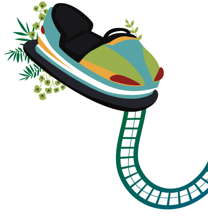 Illustration of a colorful bumper car with green leaves behind it and a curved section of a roller coaster track below.