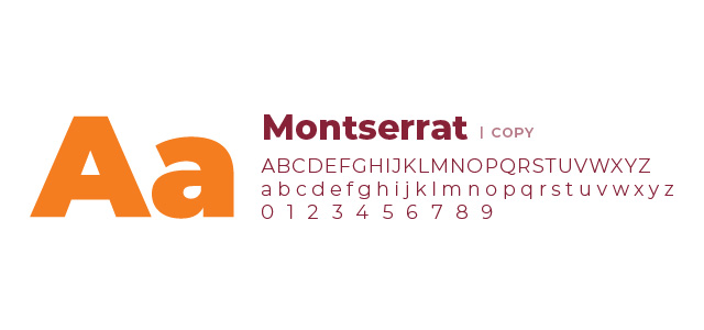 Montserrat font sample showing uppercase, lowercase letters and numbers with a large orange Aa on the left.