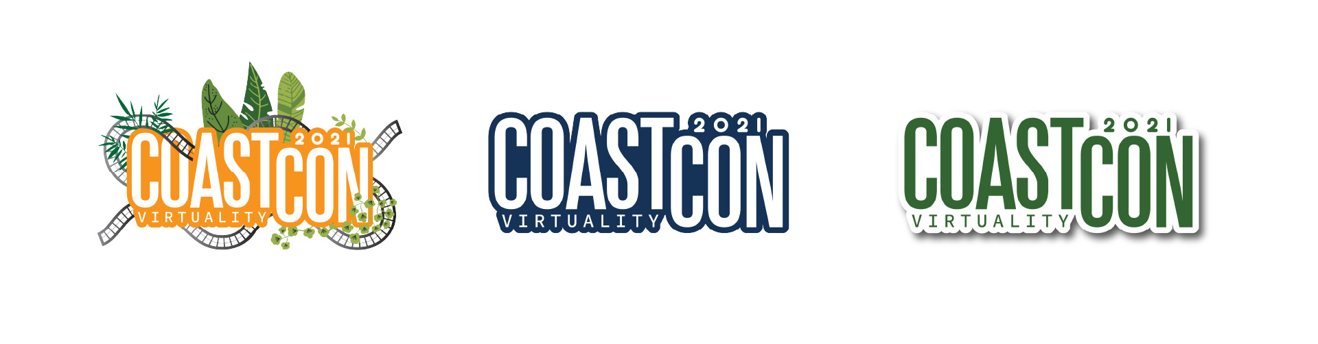 Three CoastCon 2021 Virtuality logos in different styles: one with orange text and green leaves, one with blue text, and one with green text and white shadow.