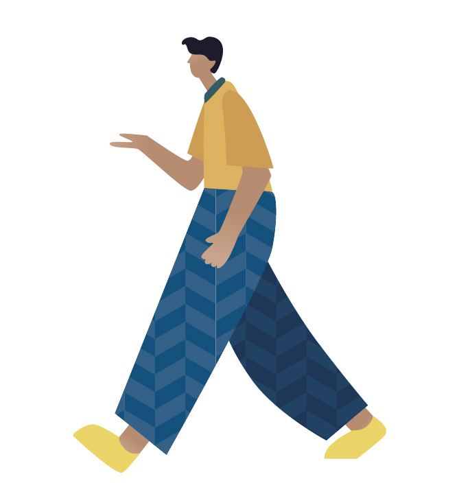 Illustration of a walking man with dark hair wearing a yellow shirt, patterned blue pants, and yellow shoes.