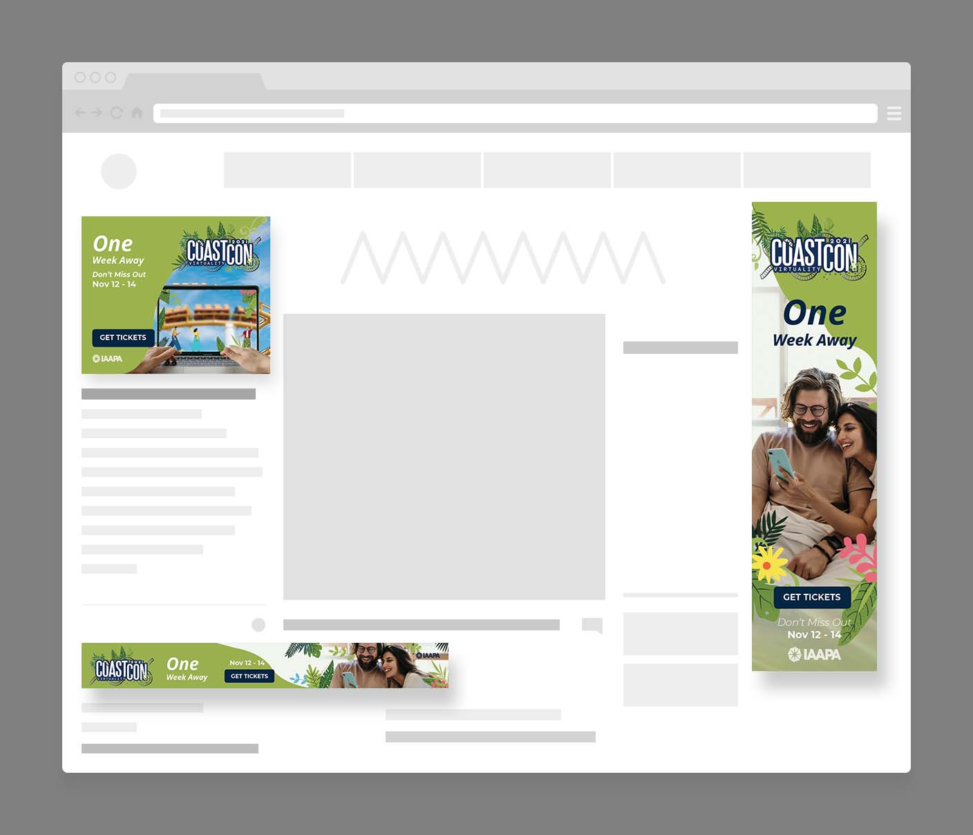 Website mockup showing three CoastCon 2021 Virtually event ads with 'One Week Away' text, event dates Nov 12-14, IAAPA logo, a couple looking at a phone, and a person using a laptop.