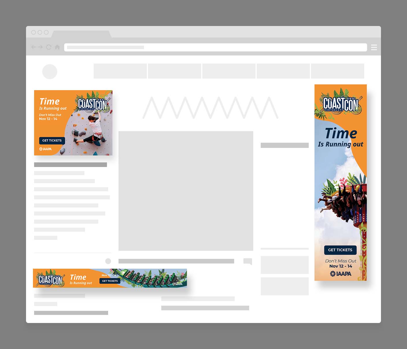 Website mockup displaying CoastCon 2021 event ads with climbing, roller coaster, and ride images promoting tickets for Nov 12-14.