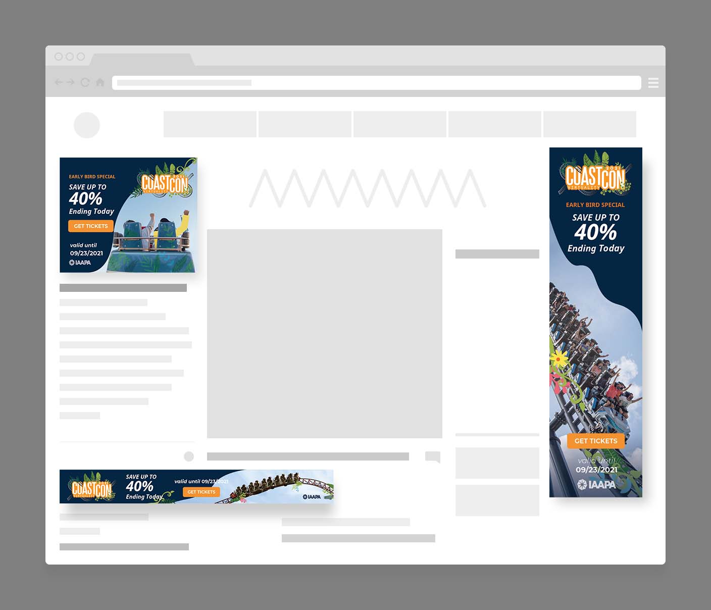 Website mockup showing three CoastCon 2021 banner ads offering an early bird special with 40% off tickets, valid until 09/23/2021, featuring roller coaster images and a 'Get Tickets' button.