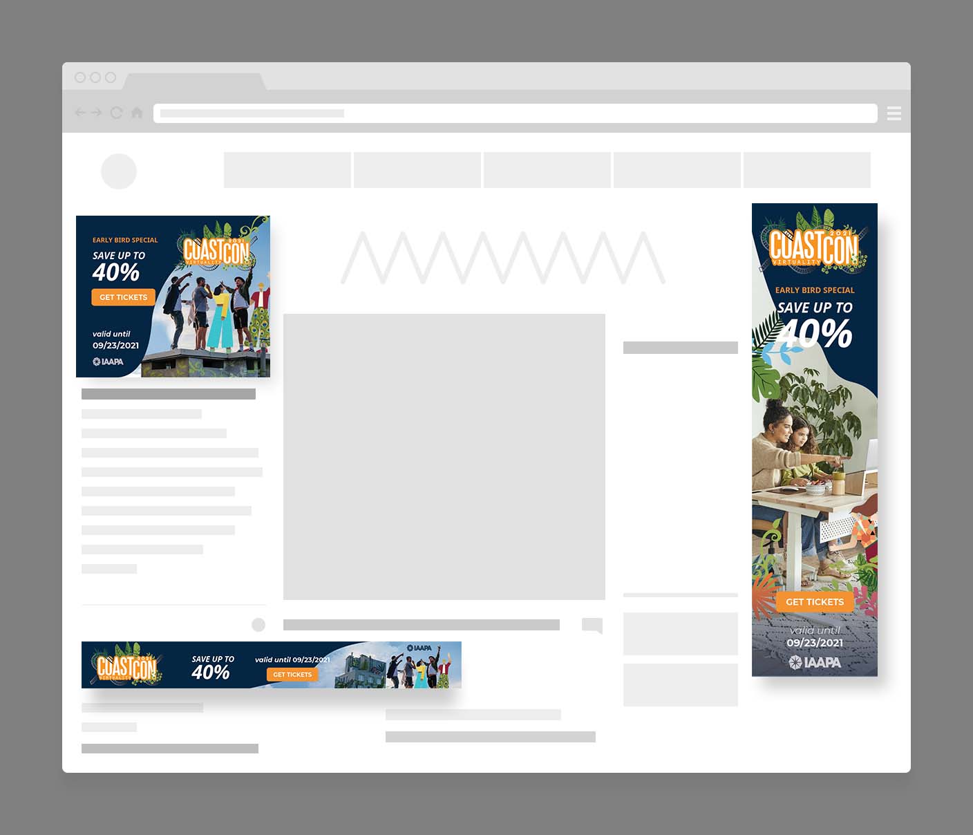 Webpage mockup displaying three CoastCon 2021 Virtualist early bird special banners offering up to 40% off with a valid date until 09/23/2021 and a 'Get Tickets' button.