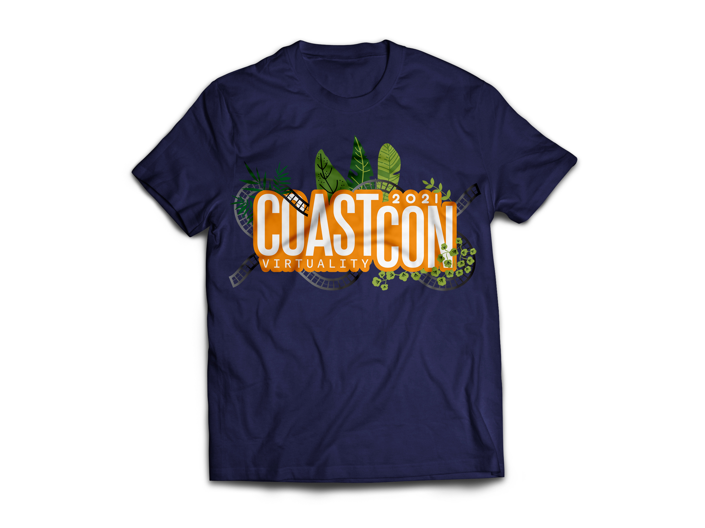 Navy blue T-shirt with a design featuring the text 'COASTCON 2021 VIRTUALITY' overlaid on roller coaster tracks and green leaves.