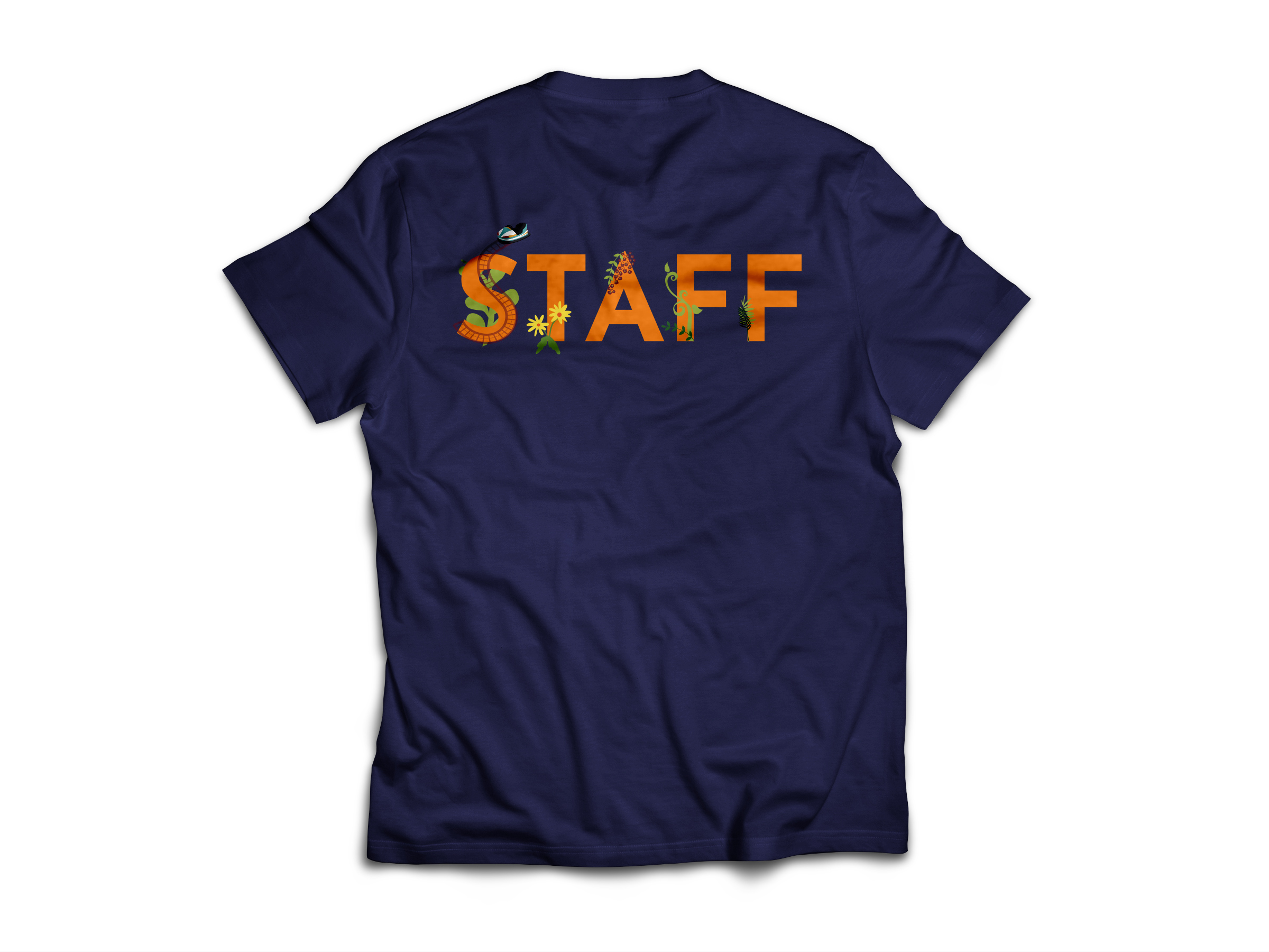 Navy blue T-shirt with the word 'STAFF' printed in large orange letters decorated with various small flowers and a caterpillar on the back.