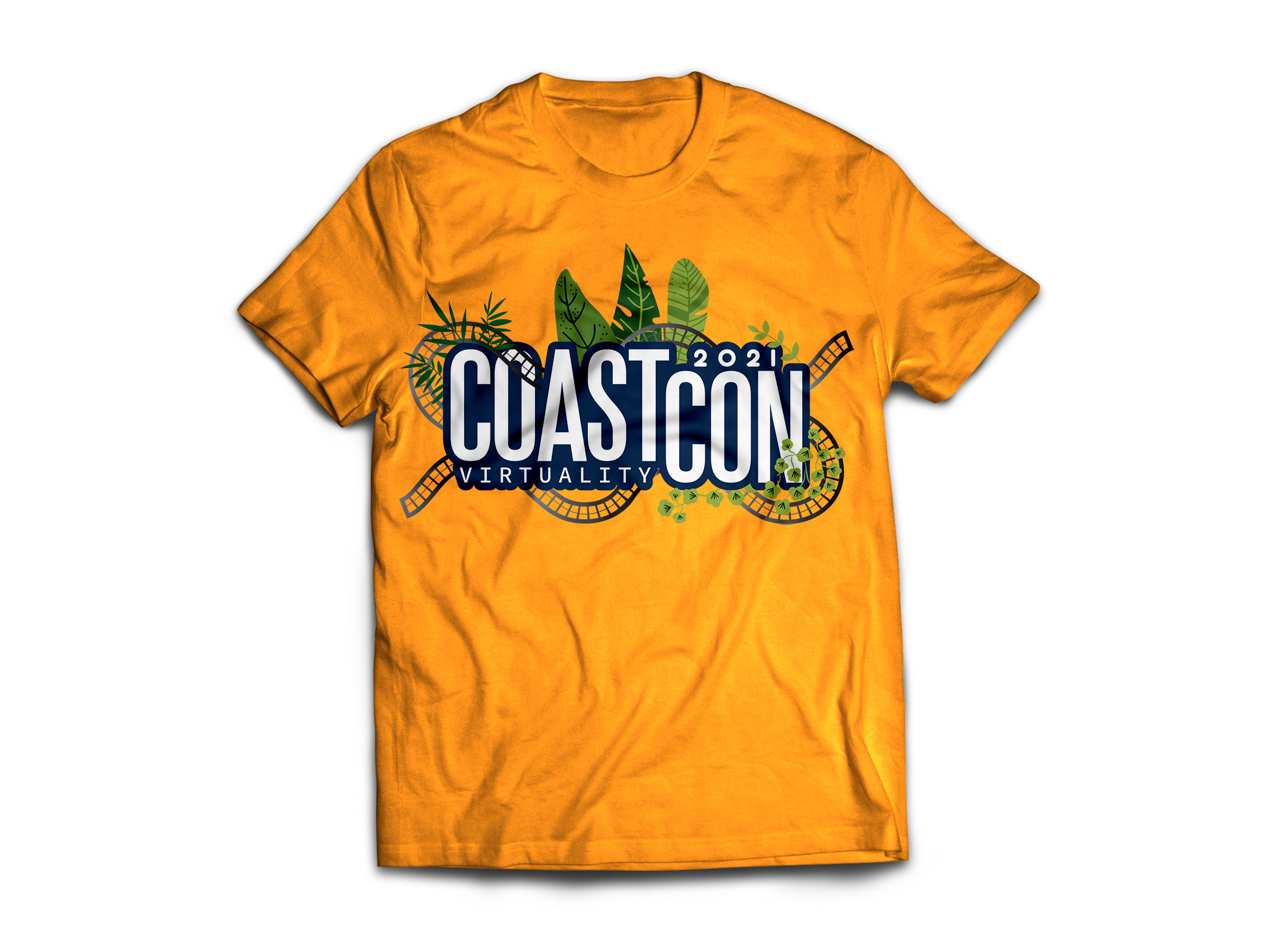 Orange T-shirt with a colorful graphic reading 'CoastCon 2021 Virtuality' surrounded by green leaves and a rollercoaster track design.