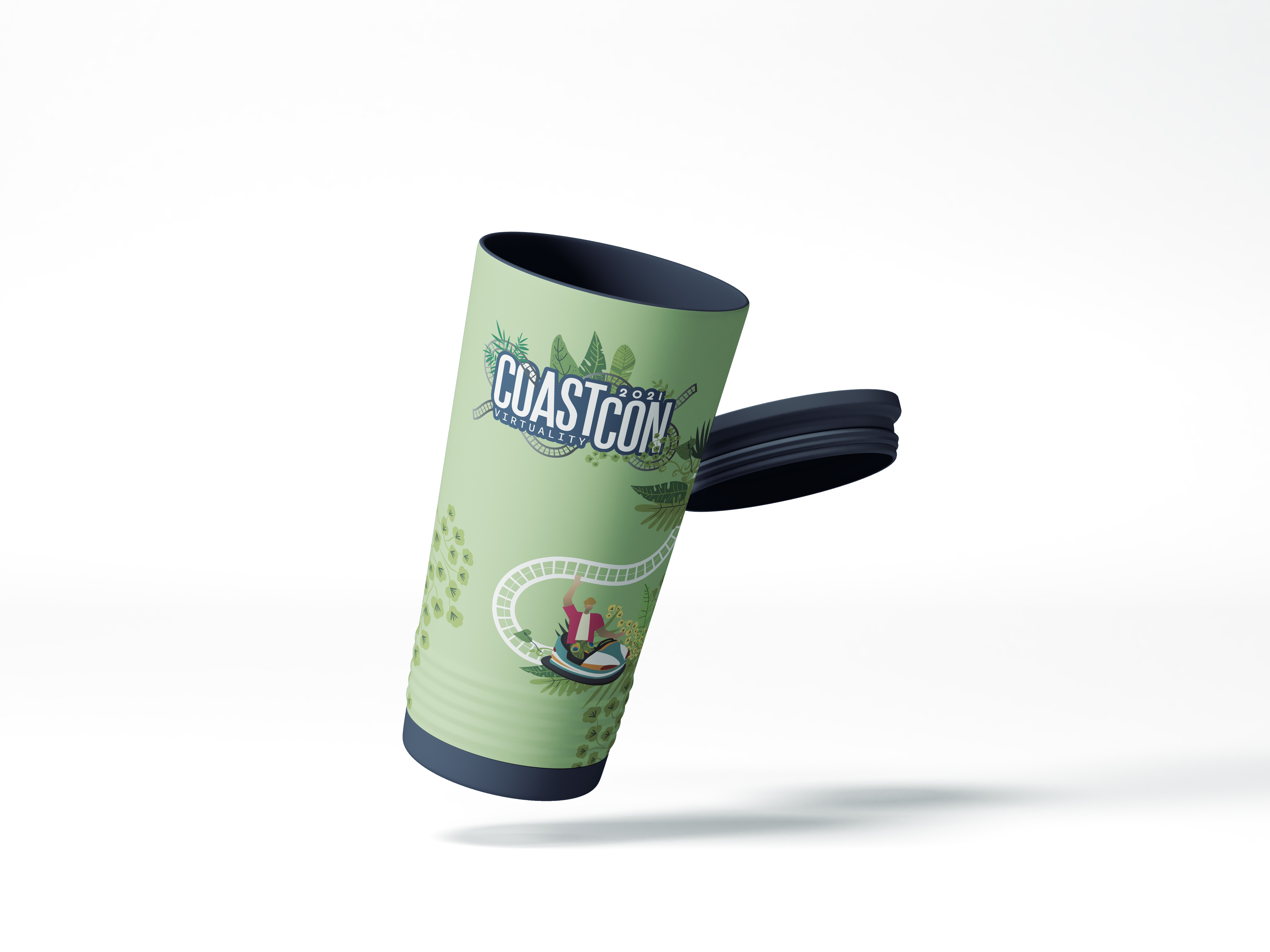 Green insulated tumbler with CoastCon 2021 Virtuality logo and an illustration of a person riding a roller coaster surrounded by foliage, with a removed black lid beside it.