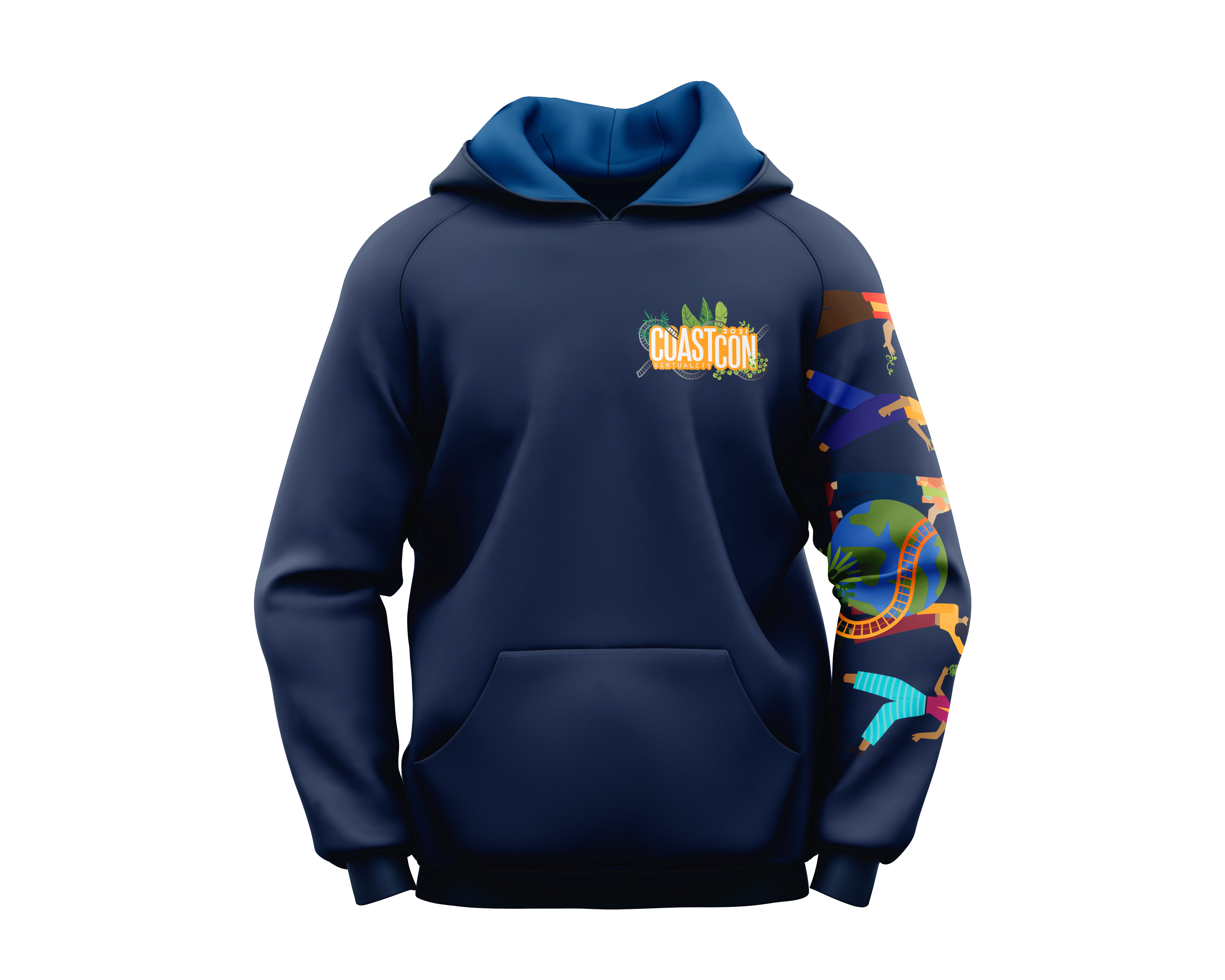 Navy blue hoodie with a 'CoastCon 2021 Virtuality' logo on the chest and colorful roller coaster and people graphics on the right sleeve.