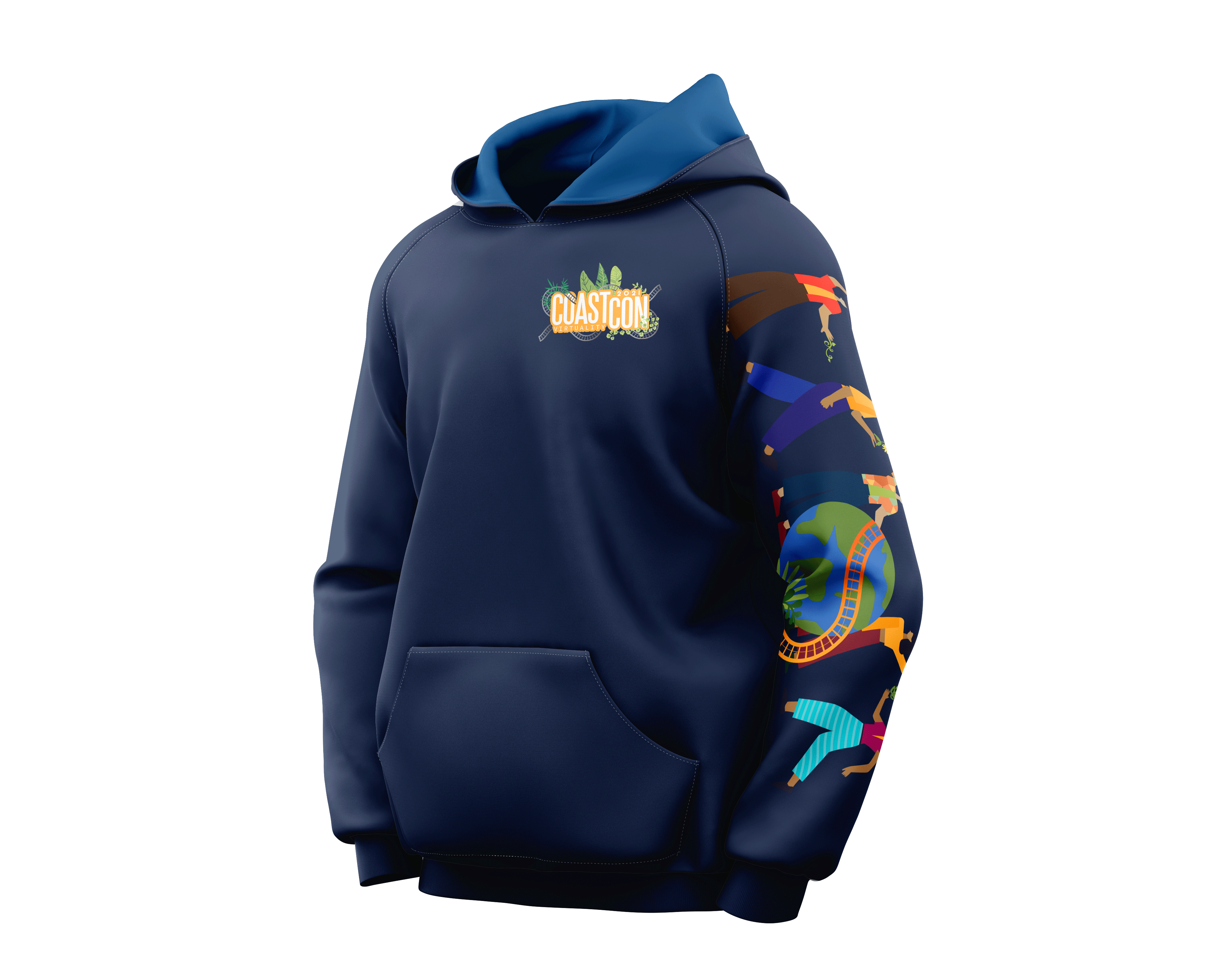Navy blue hoodie with CoastCon 2021 logo on the left chest and colorful dancing figures on the right sleeve.