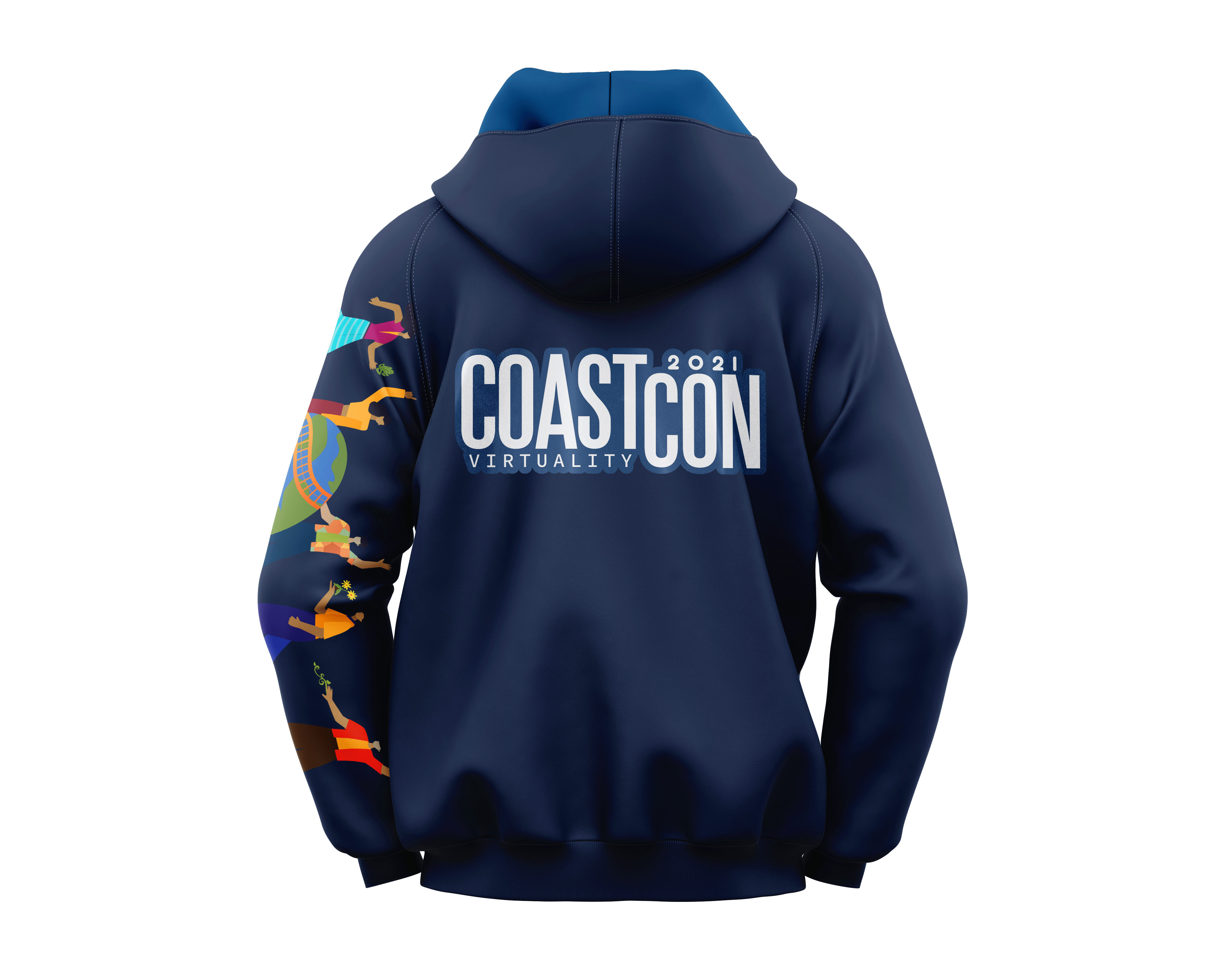 Navy hoodie with COASTCON 2021 VIRTUALITY text on the back and colorful illustrations of people on the left sleeve.