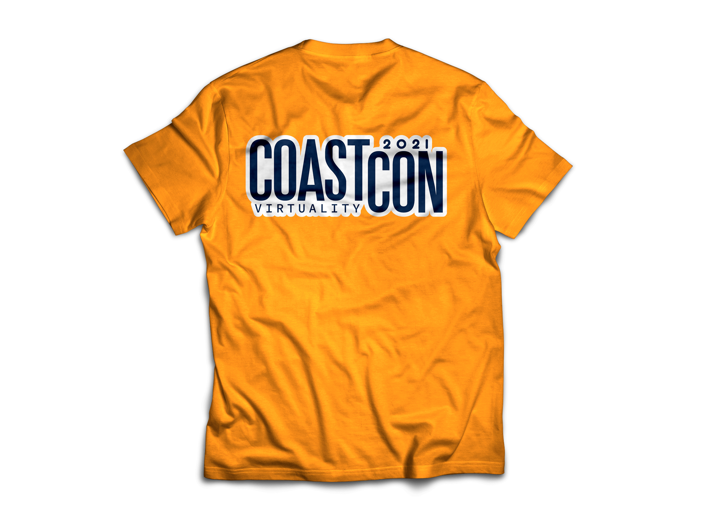 Back of an orange T-shirt with the text 'COASTCON 2021 VIRTUALITY' in bold navy blue and white letters.
