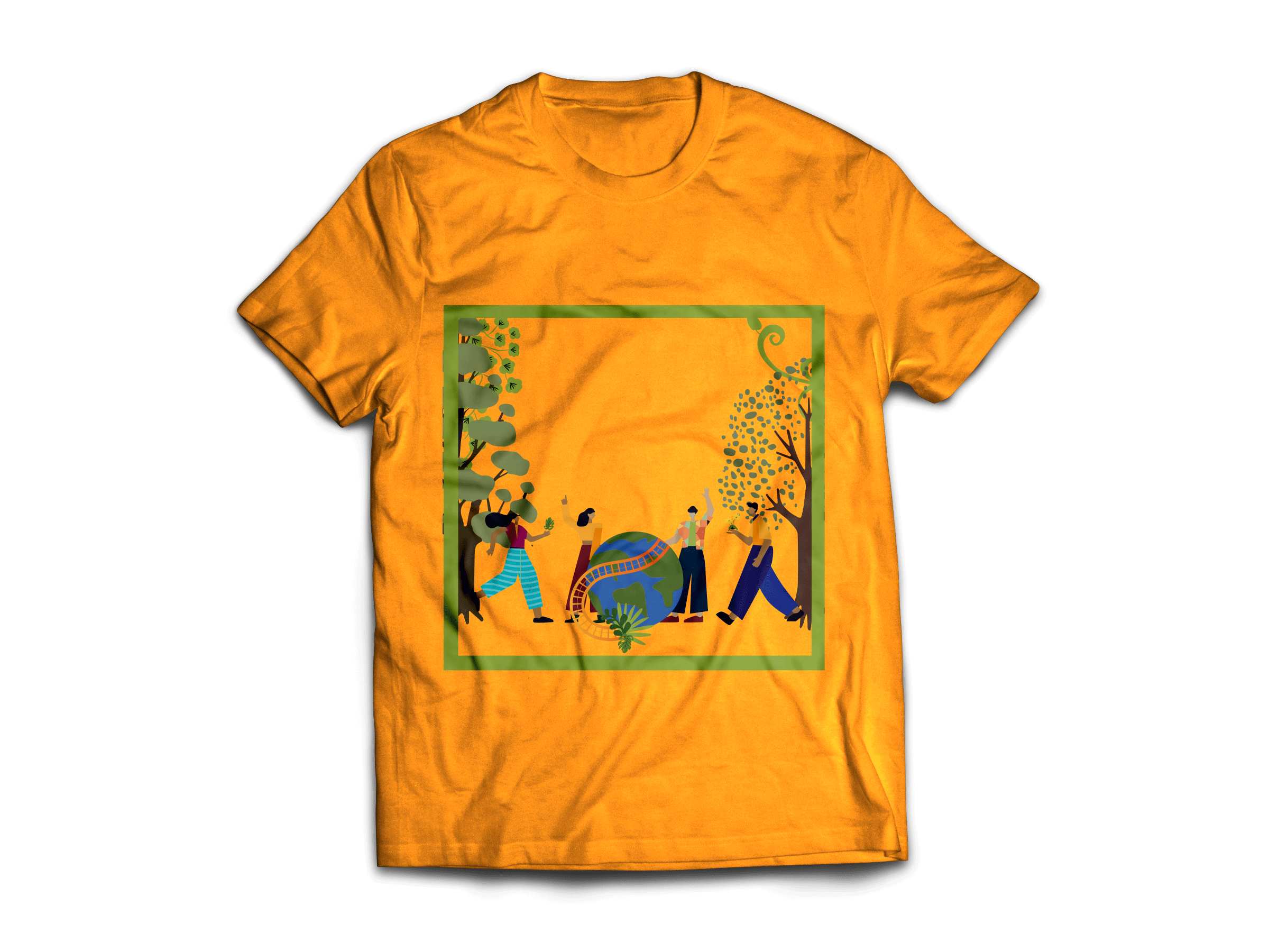 Orange t-shirt featuring an illustration of four people celebrating around a globe with green trees and foliage in a square frame.