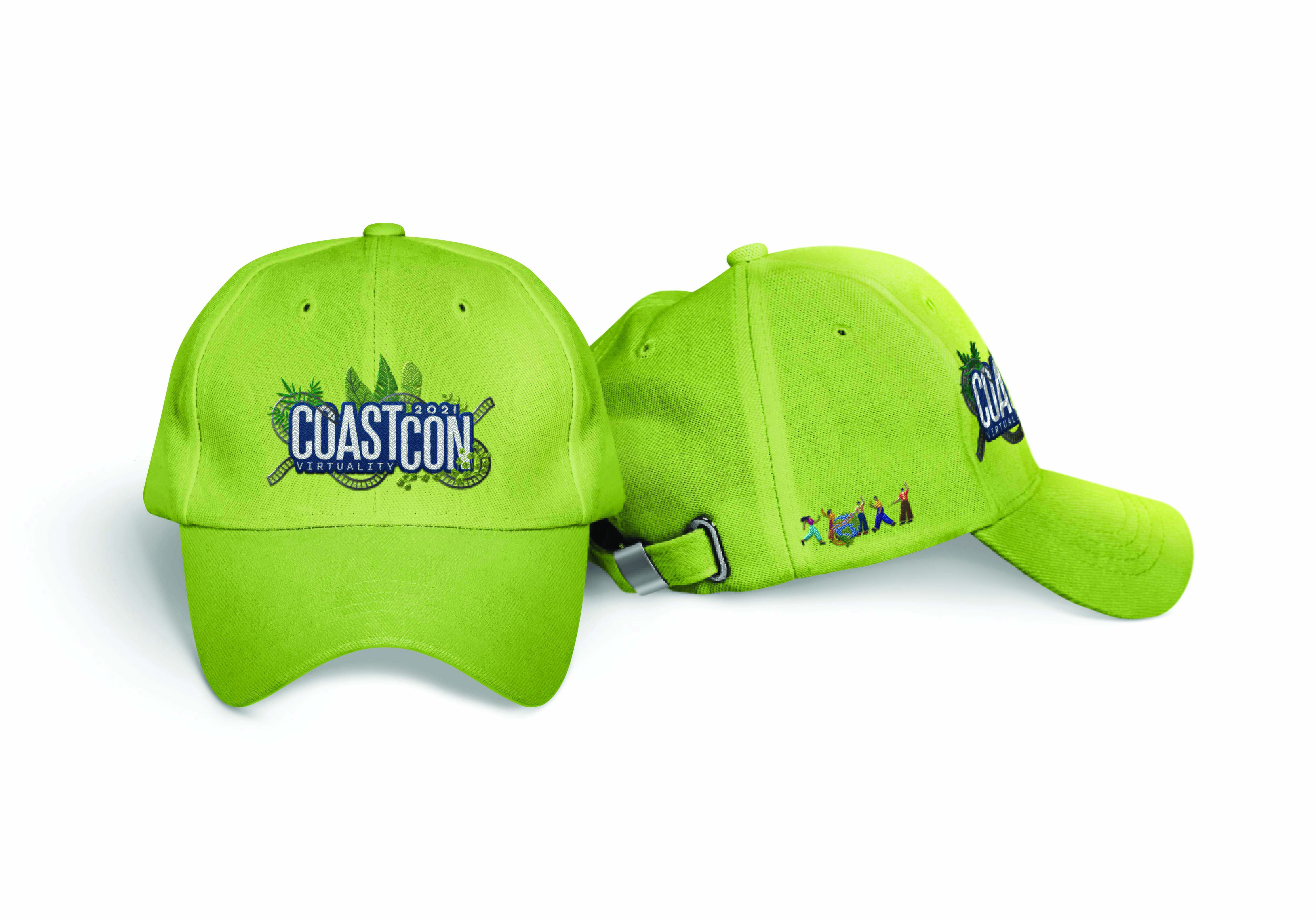 Two neon green baseball caps with CoastCon 2021 Virtuality logo and design.