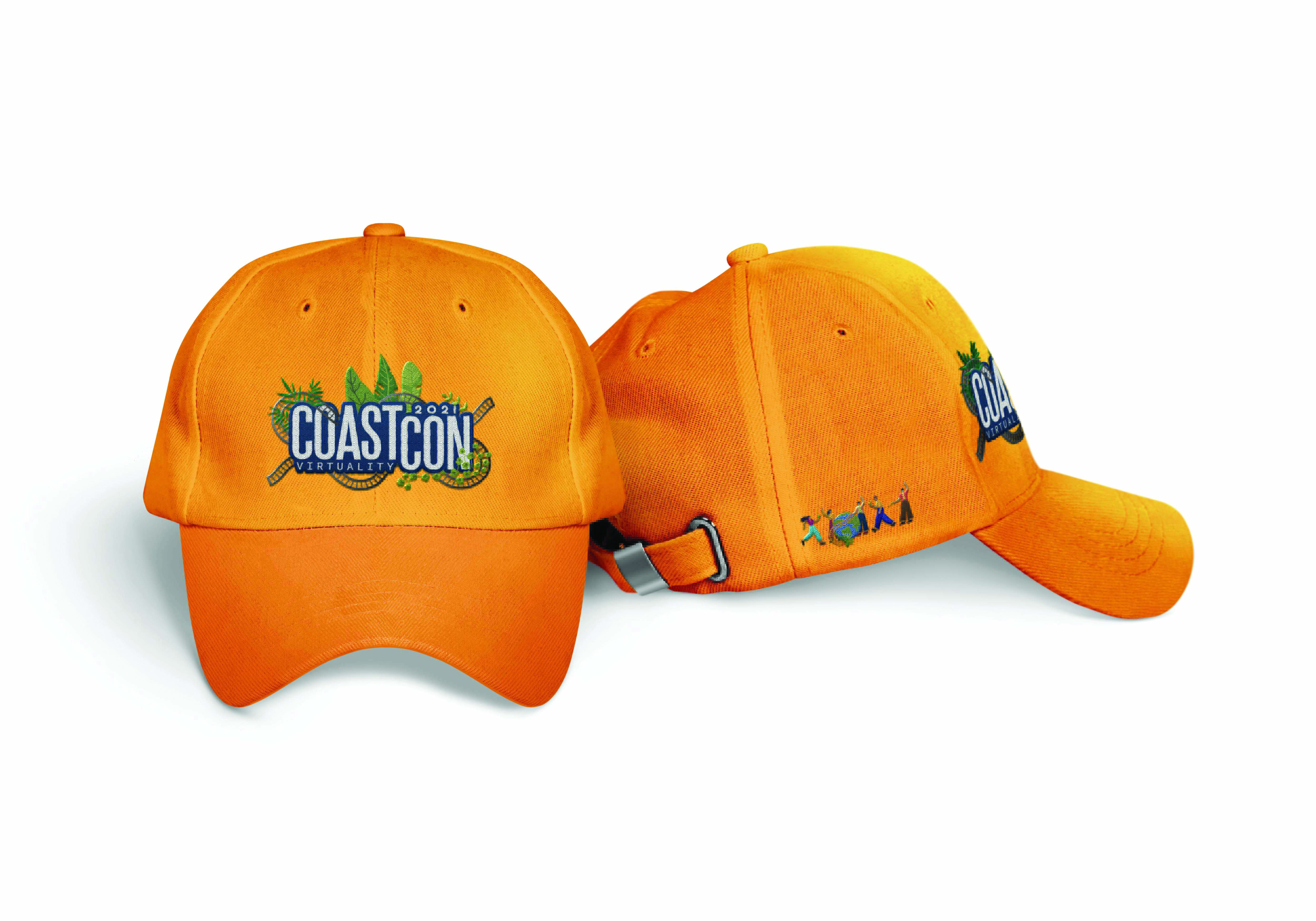 Two orange baseball caps with COASTCON 2021 Virtuality logos and green foliage designs, one front-facing and one side-facing.