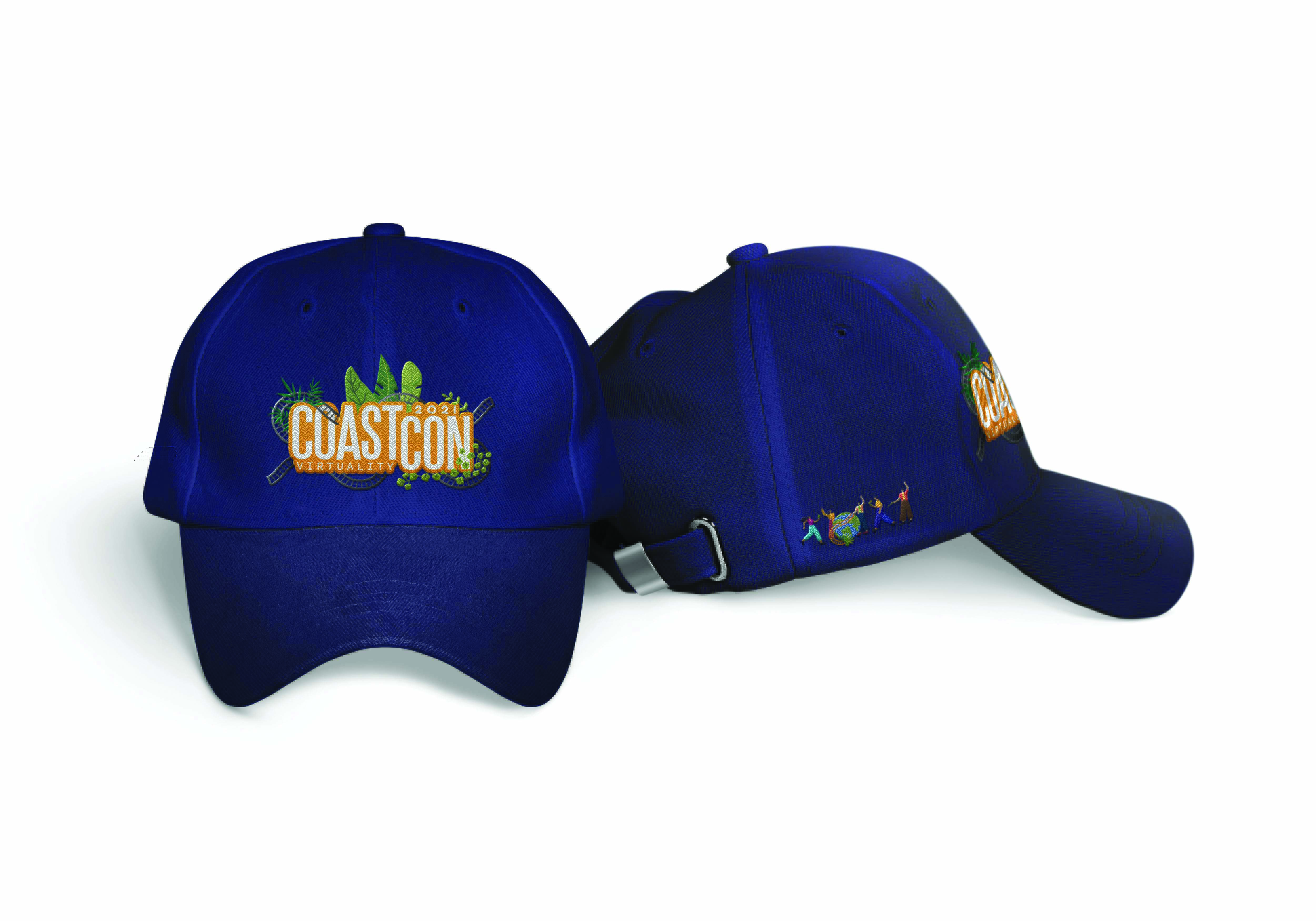 Two blue baseball caps with CoastCon 2021 Virtuality logo featuring plants and small figures around a globe.