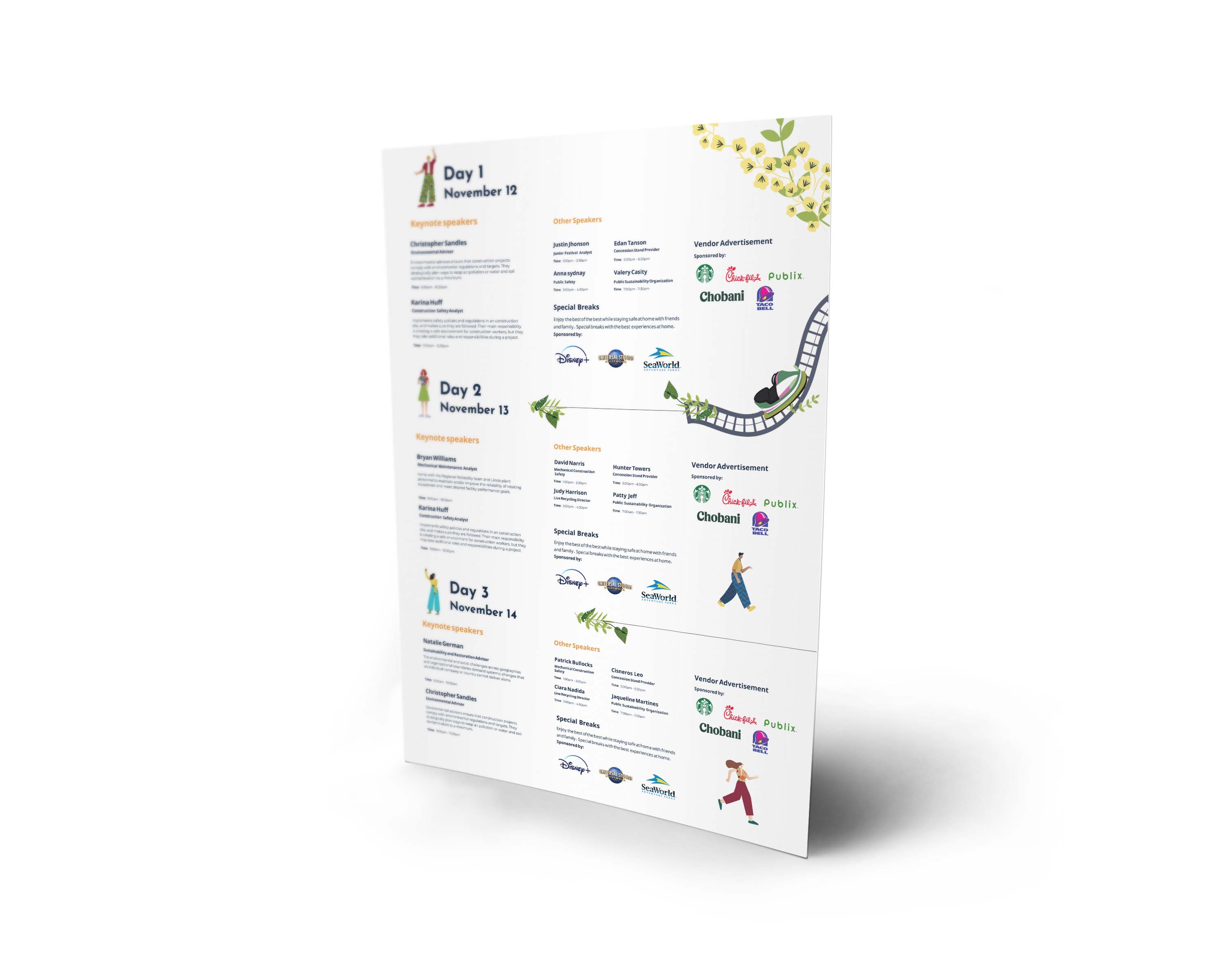 Tri-fold event brochure detailing a three-day conference schedule with keynote speakers, other speakers, special breaks, and vendor advertisements from Starbucks, Chick-fil-A, Publix, Chobani, and Taco Bell.