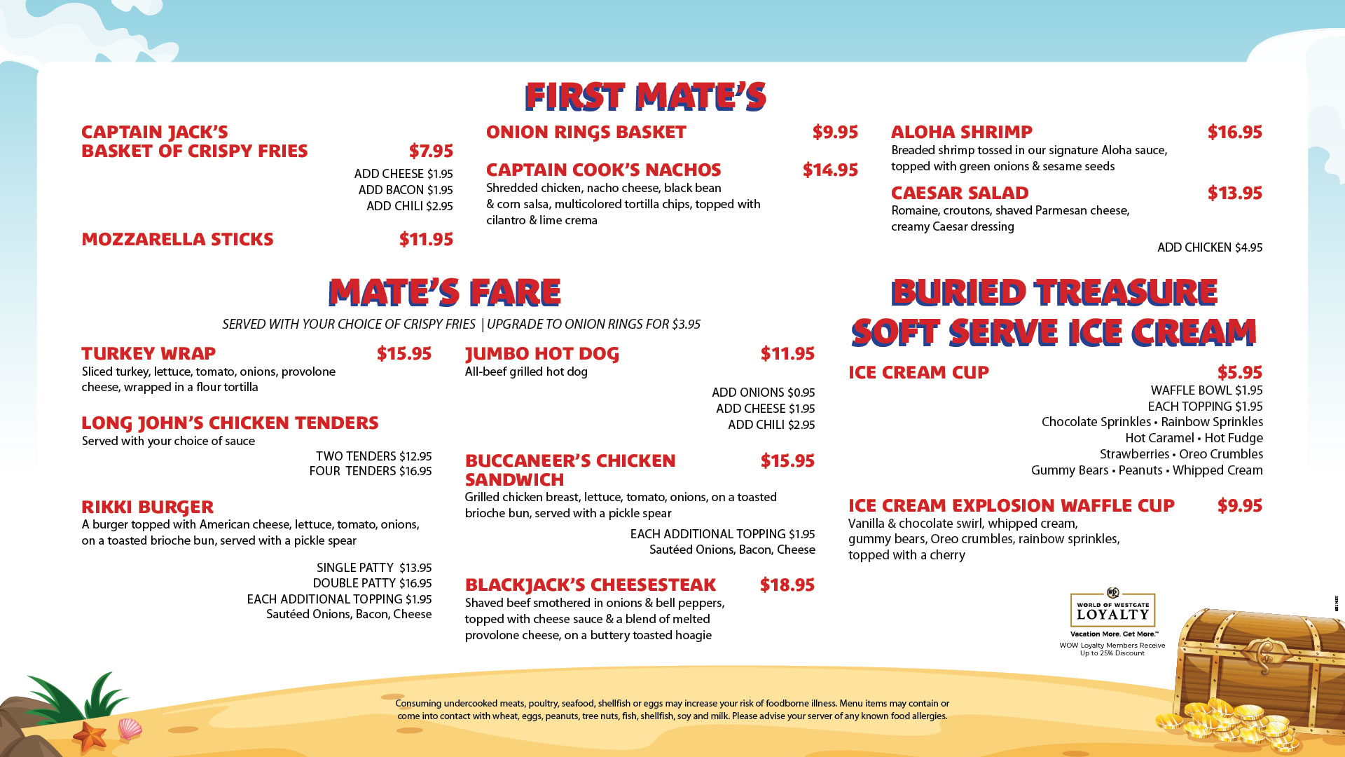 Restaurant menu with categories: First Mate's appetizers, Mate's Fare sandwiches and wraps, Buried Treasure soft serve ice cream options, with prices and descriptions, set on a beach-themed background with a treasure chest and gold coins illustration.