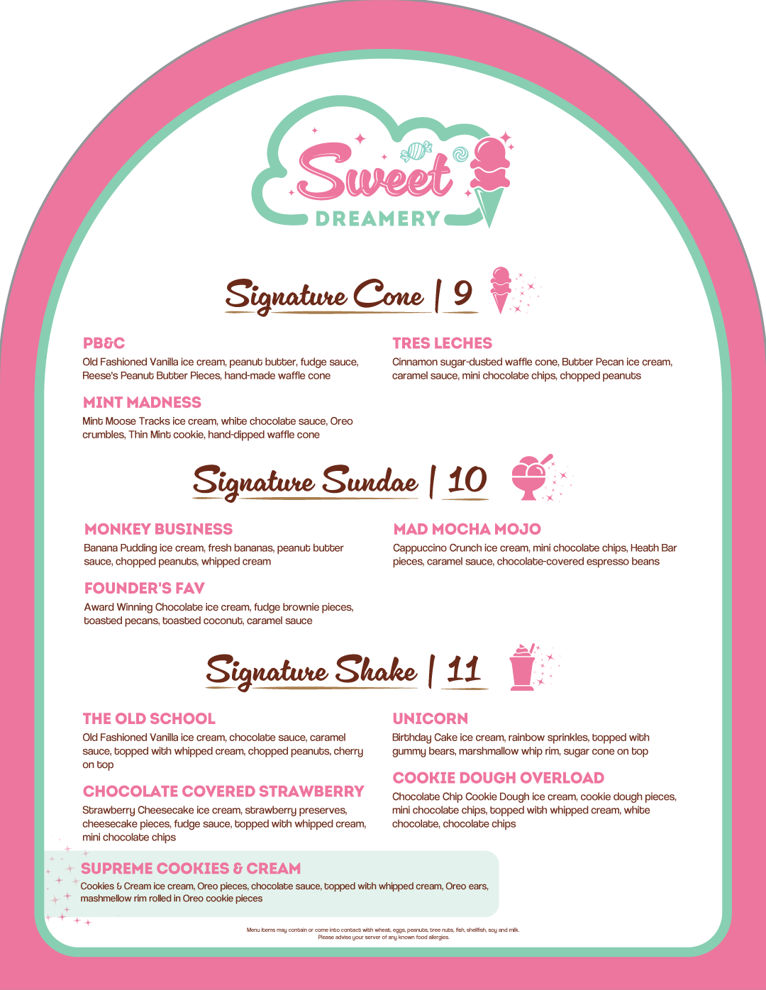 Sweet Dreamery menu board featuring Signature Cones for $9, Signature Sundaes for $10, and Signature Shakes for $11 with detailed descriptions of each flavor and ingredients.